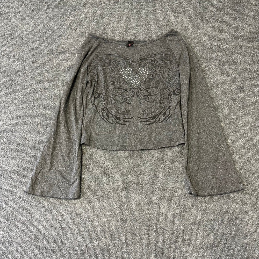 Romwe Crop Top Womens Size S Grey Rhinestone Heart Wing Graphic Bell Sleeve Y2K